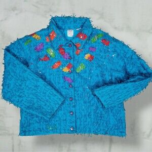 Vintage 80s 90s Oversized  Fringe Jacket Size M Blue Hand Painted Boxy Fit